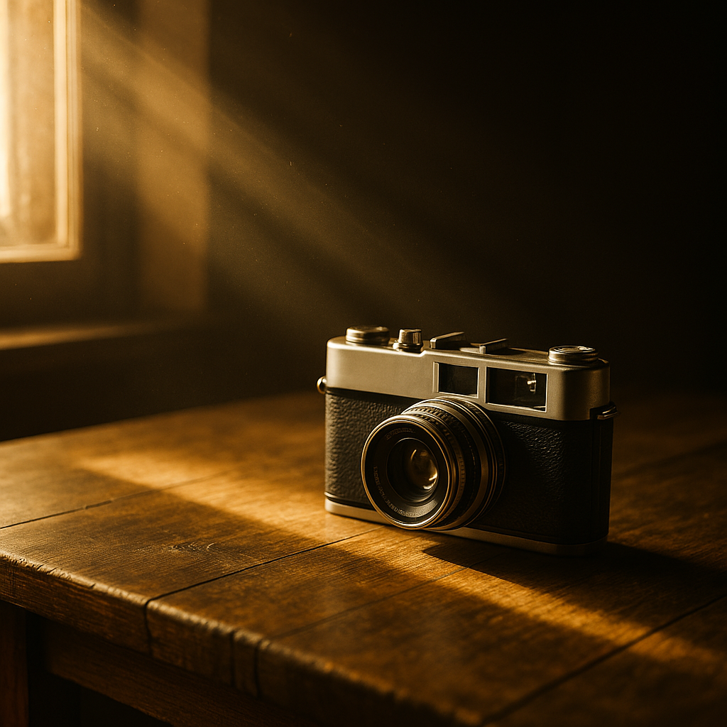 luz natural iluminando câmera fotográfica, simbolizando o conceito de escrever com luz