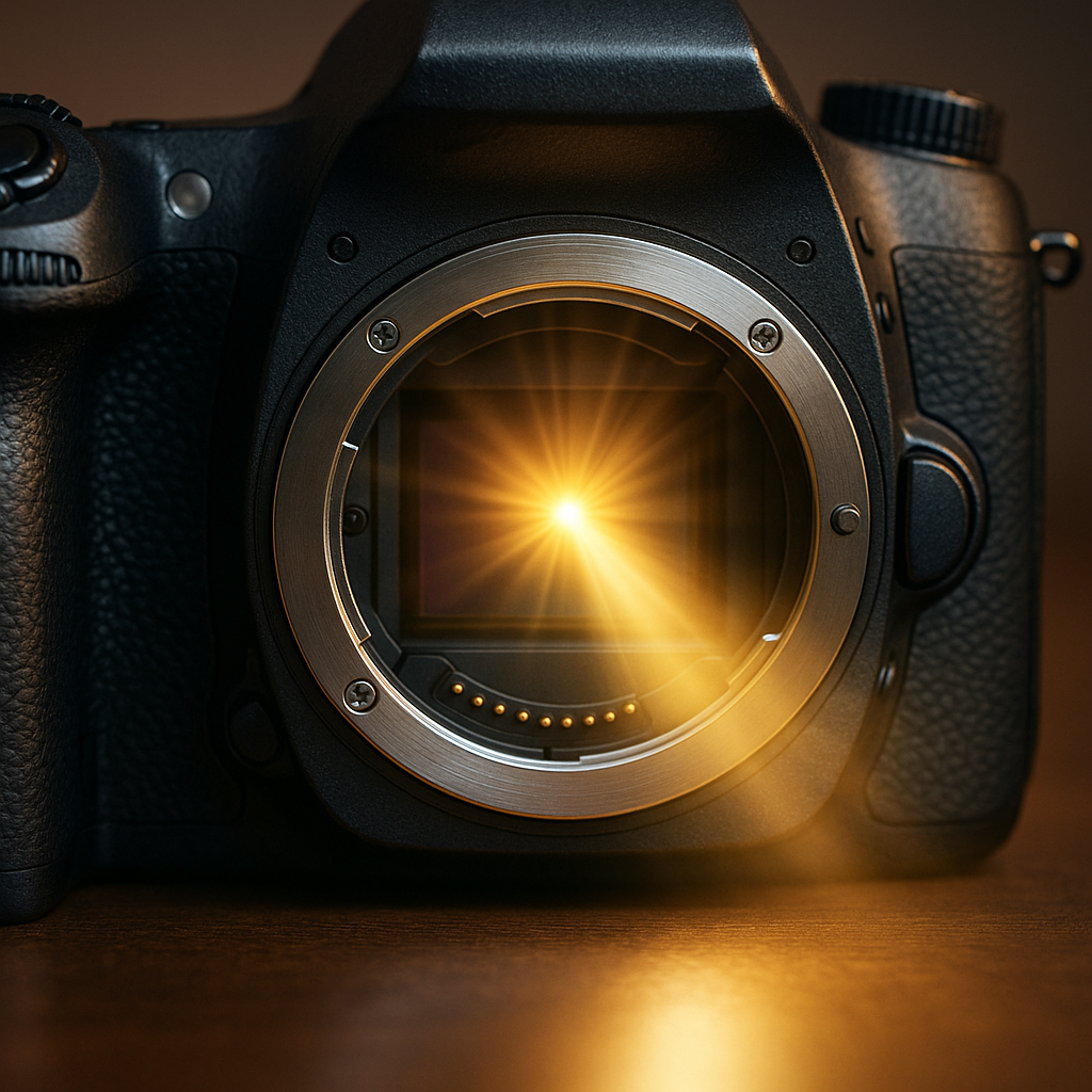 Exemplo simples de como a luz atravessa lente, obturador e chega ao sensor